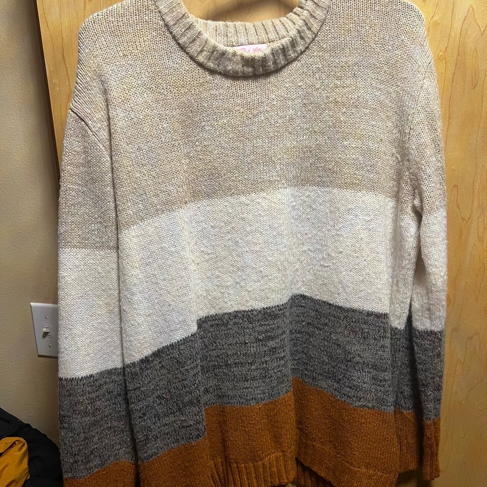 Pink Lily Cream and Gray Crew Neck Sweater